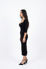 Abito Midi Donna Silence Limited Dakota Nero – Vestito Elasticizzato con Scollo a Cuore