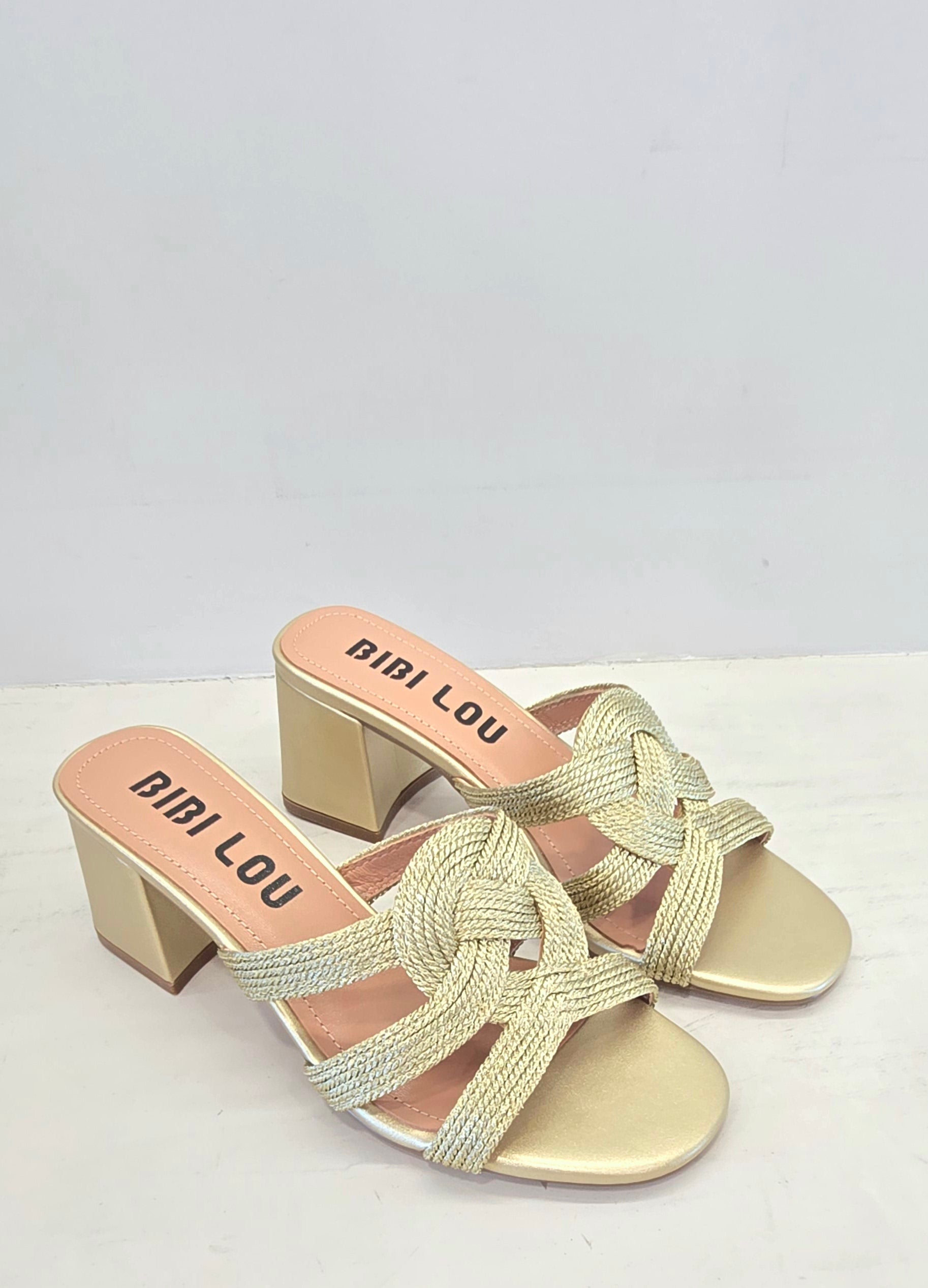 Sabot con tacco oro, tomaia con cordoncino intrecciato Bibi Lou