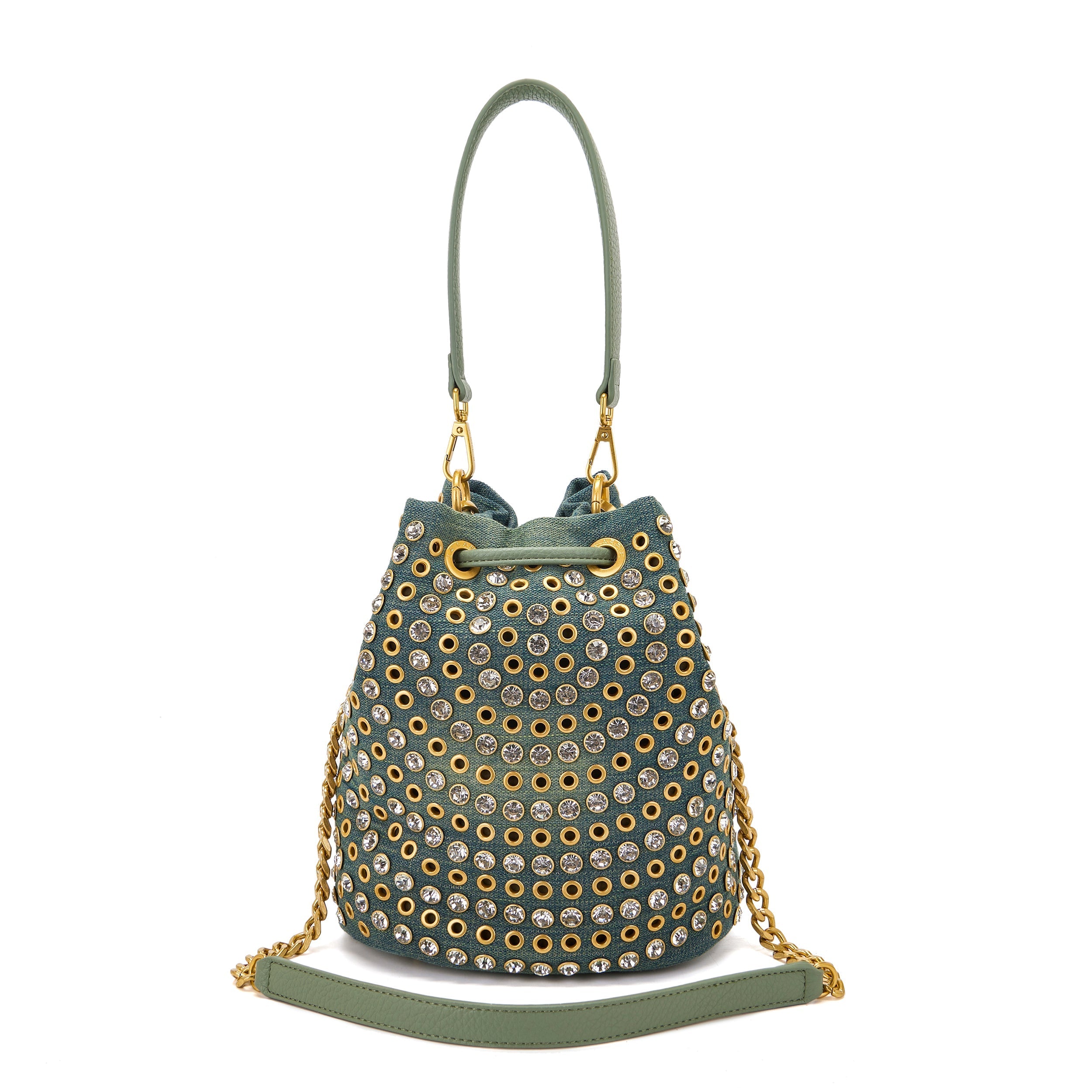 Secchiello La Carrie Andromeda Denim Verde - Borsa Jeans e Strass | Peccatidistile
