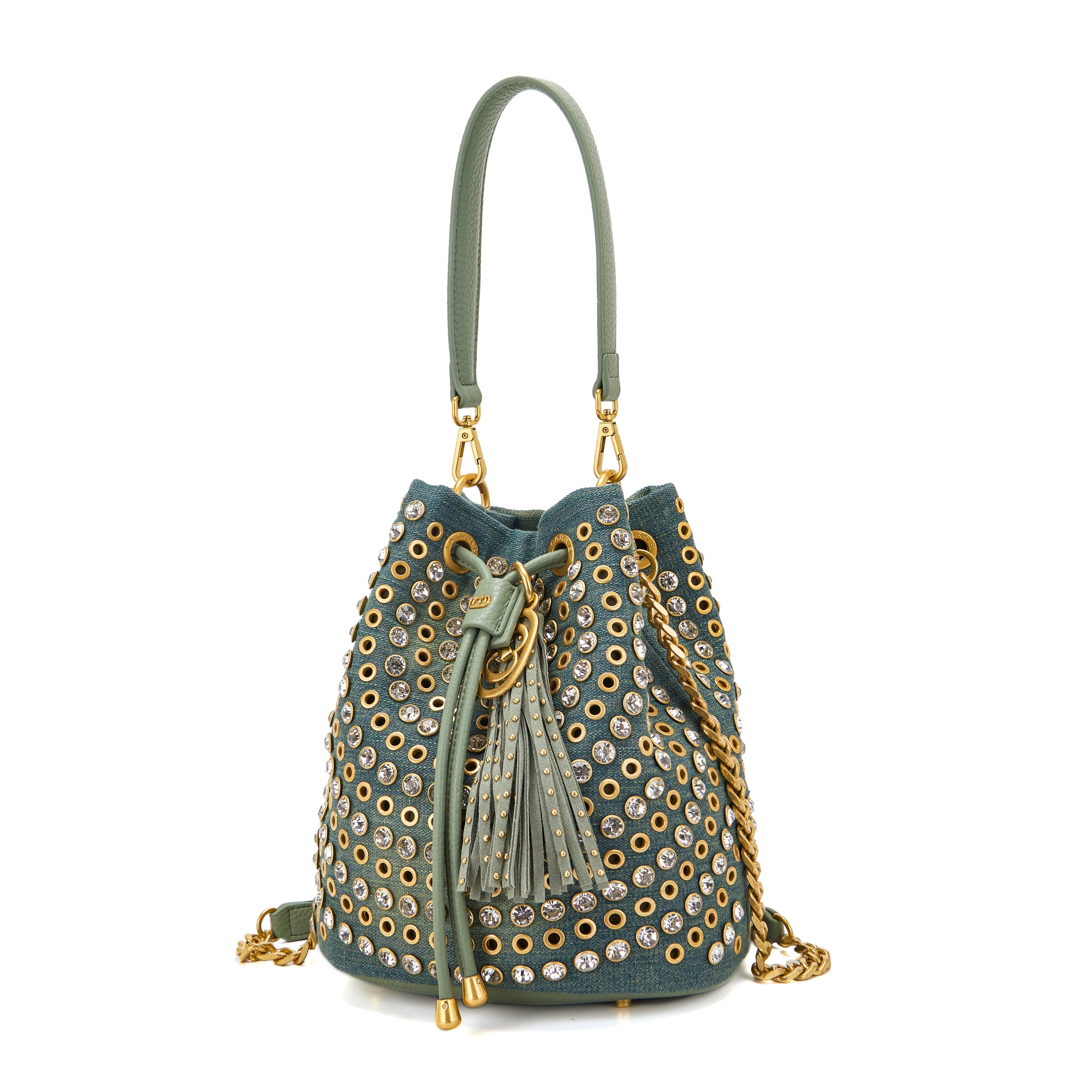 Secchiello La Carrie Andromeda Denim Verde - Borsa Jeans e Strass | Peccatidistile