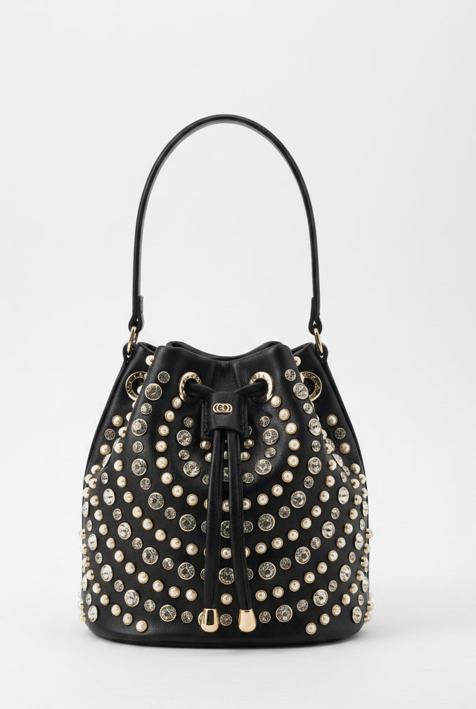 Borsa Secchiello La Carrie Andromeda in Ecopelle – Borsa a Spalla con Borchie e Strass