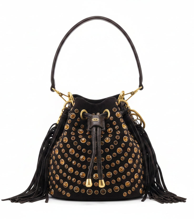 Borsa Secchiello La Carrie Andromeda in Camoscio Marrone – Borsa a Spalla con Borchie e Strass