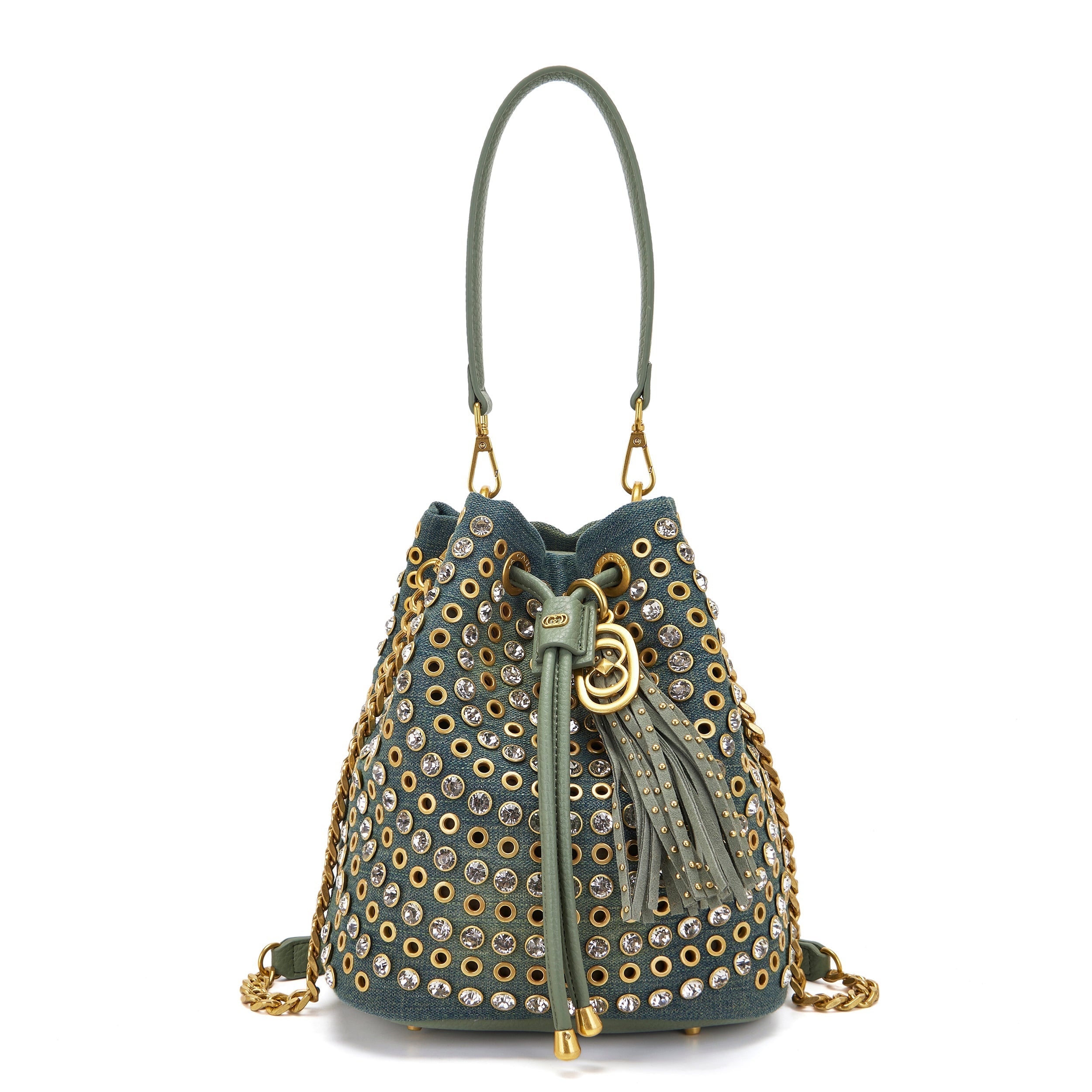 Secchiello La Carrie Andromeda Denim Verde - Borsa Jeans e Strass | Peccatidistile