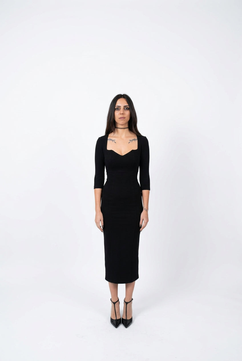 Abito Midi Donna Silence Limited Dakota Nero – Vestito Elasticizzato con Scollo a Cuore