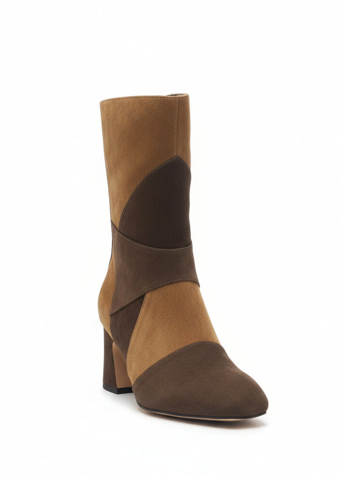 Tronchetti Donna Emanuélle Vee Molly 403-14 Beige e Marrone in Camoscio – Stivaletti Color Block Punta Quadra con Tacco 8 cm e Zip