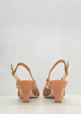 Slingback  in pelle intrecciata cuoio, tacco a rocchetto comodo