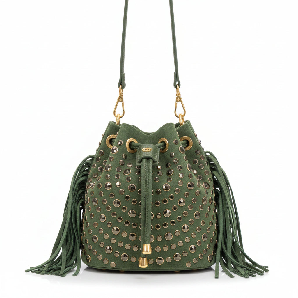 Borsa Secchiello La Carrie Andromeda in Camoscio Verde – Borsa a Spalla con Borchie e Strass