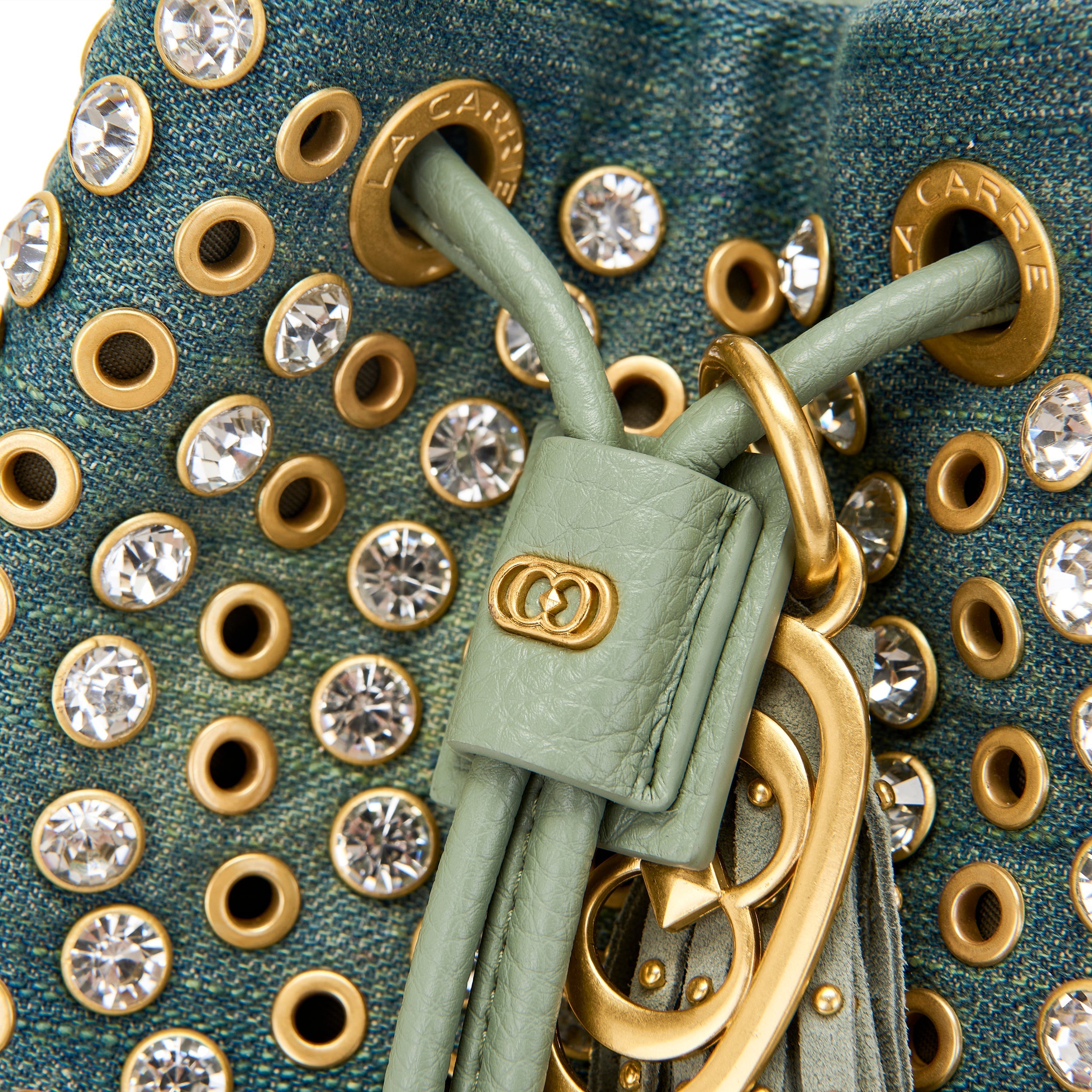 Secchiello La Carrie Andromeda Denim Verde - Borsa Jeans e Strass | Peccatidistile