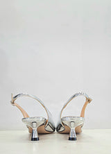 Slingback  in pelle laminata intrecciata oro e argento, tacco a rocchetto comodo