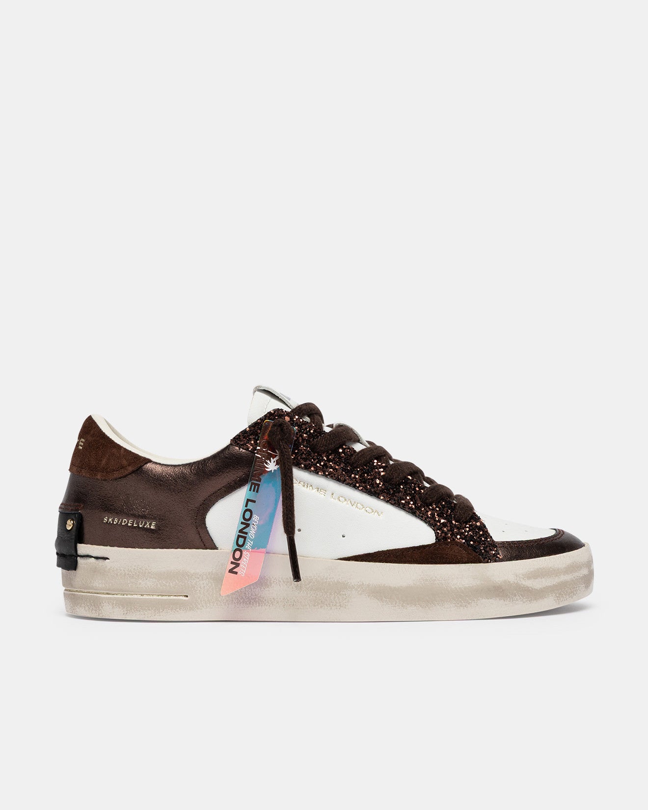 Sneakers Donna Crime London Skate Cocoa Mist 23103AA9.60 – In Pelle Bianca e Cioccolato con Glitter