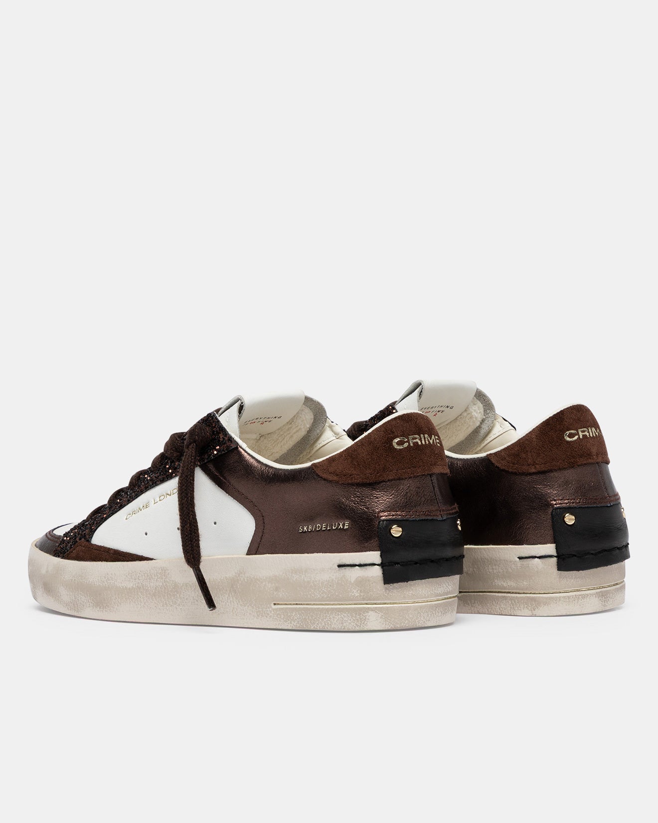Sneakers Donna Crime London Skate Cocoa Mist 23103AA9.60 – In Pelle Bianca e Cioccolato con Glitter