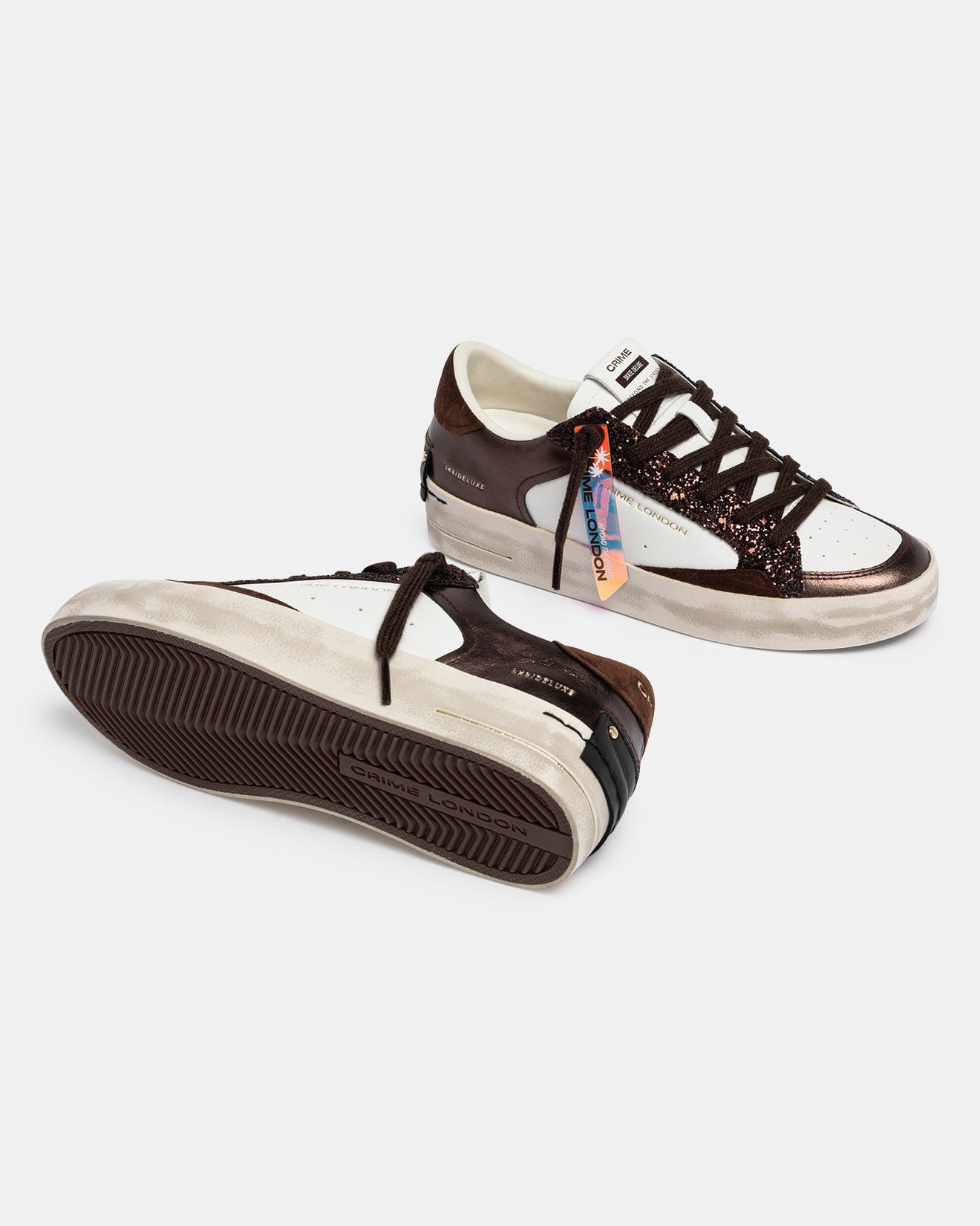 Sneakers Donna Crime London Skate Cocoa Mist 23103AA9.60 – In Pelle Bianca e Cioccolato con Glitter